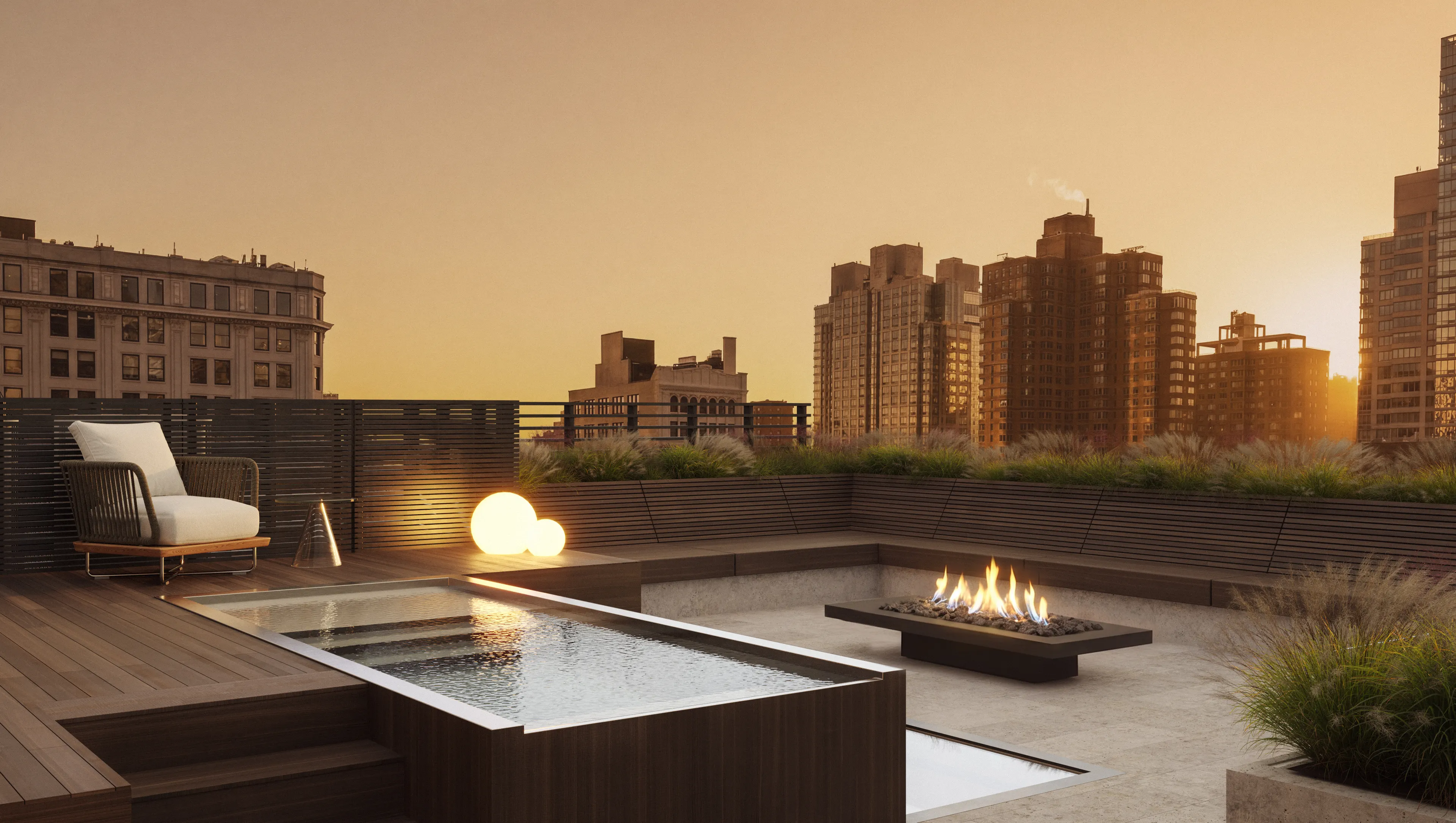 Rooftop lounge terrace at sunset