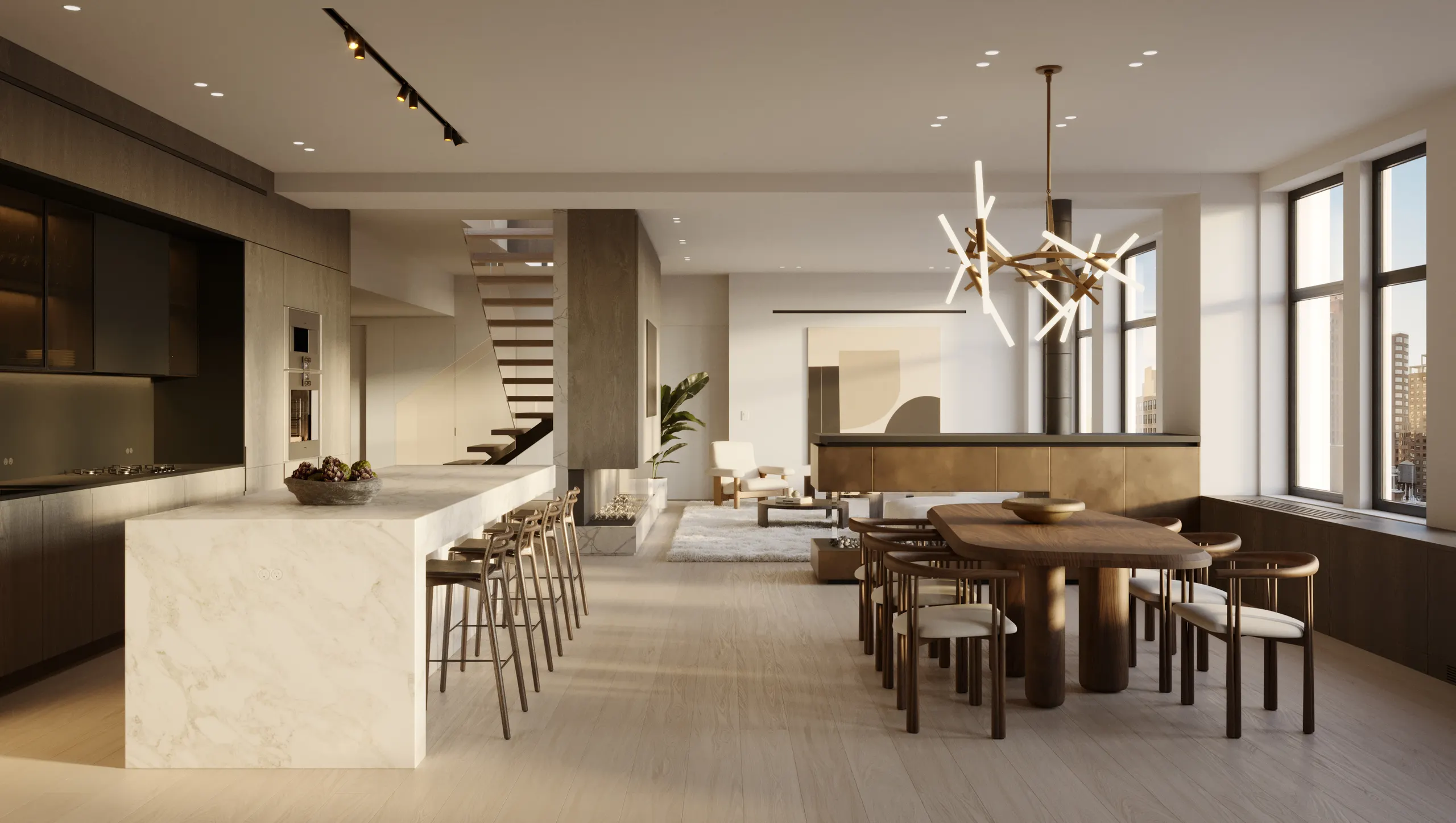 Open kitchen, dining and living area
