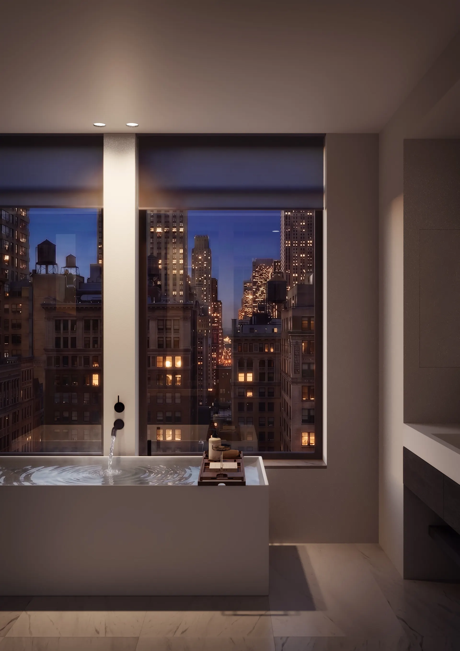 Main bathroom with tub and night skyline
