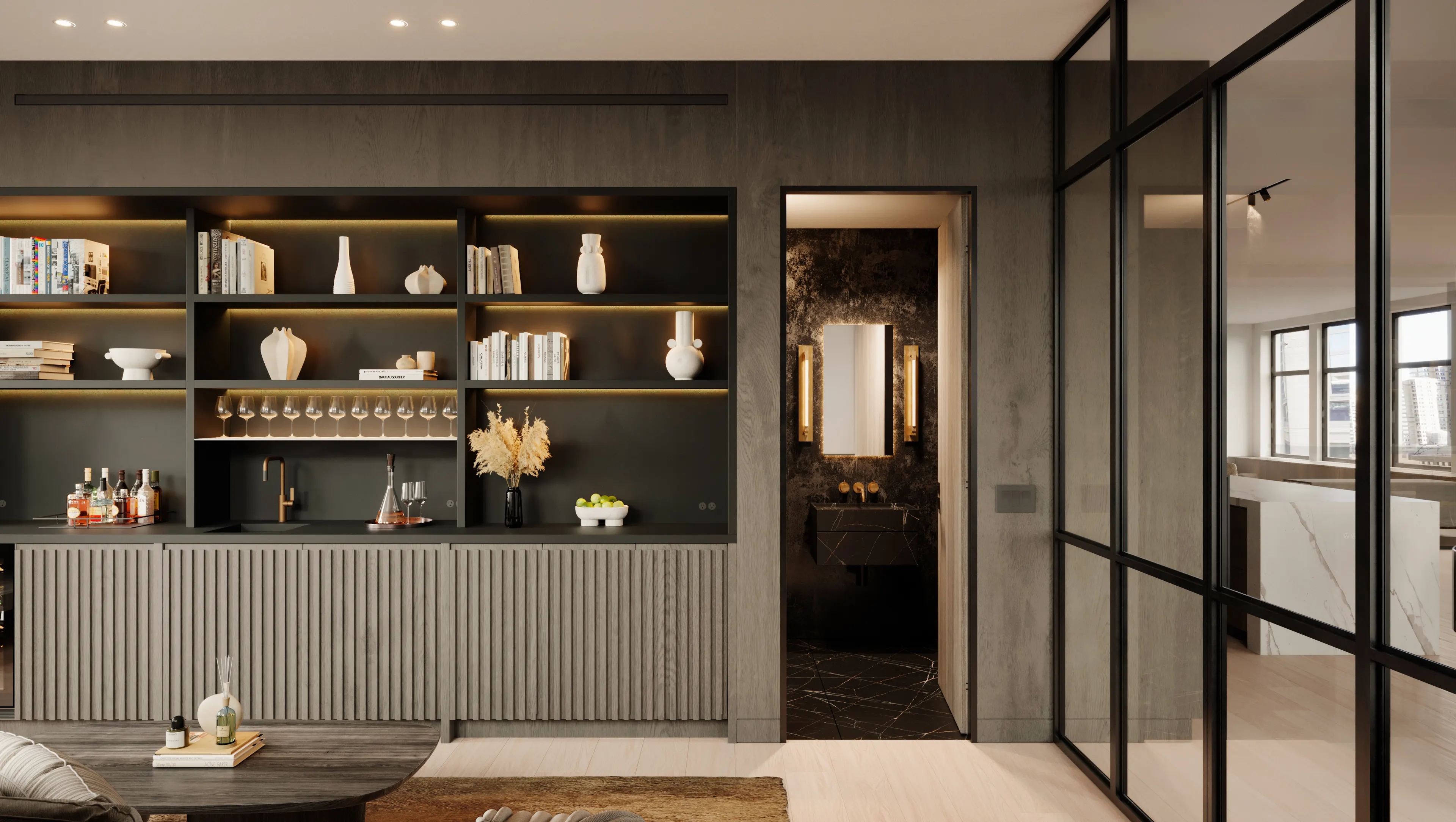Lounge with bar shelving