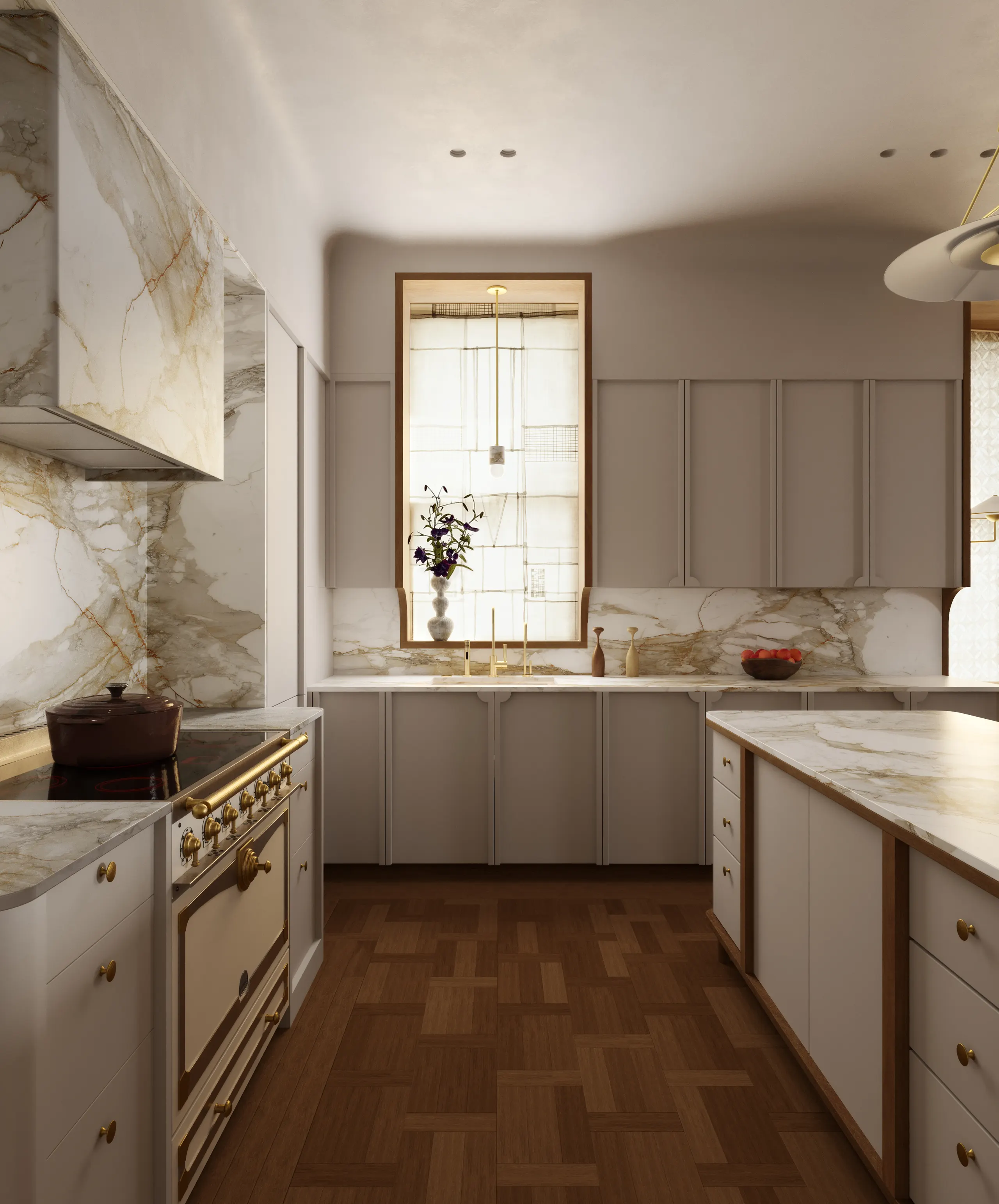 Kitchen with marble and brass range