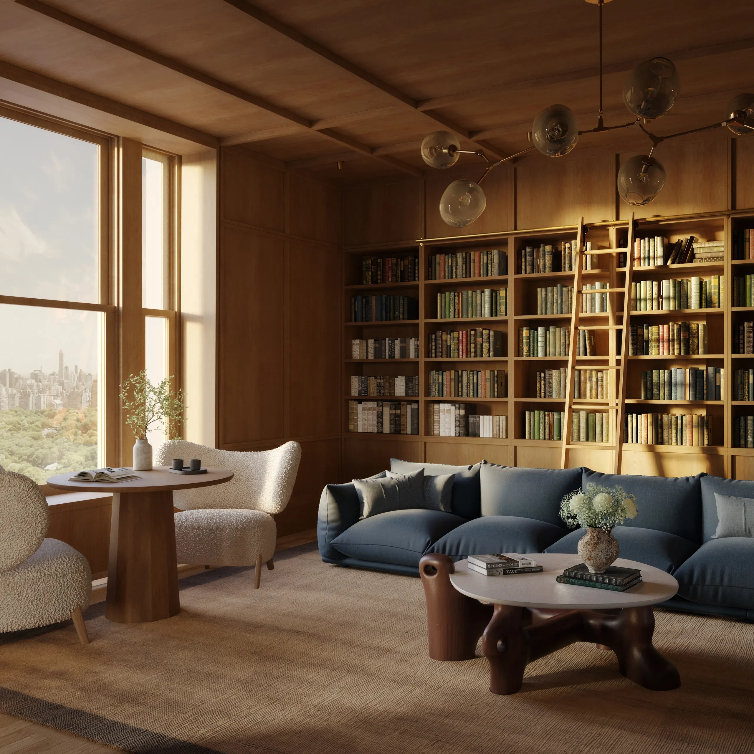 Library with rolling ladder and Central Park view