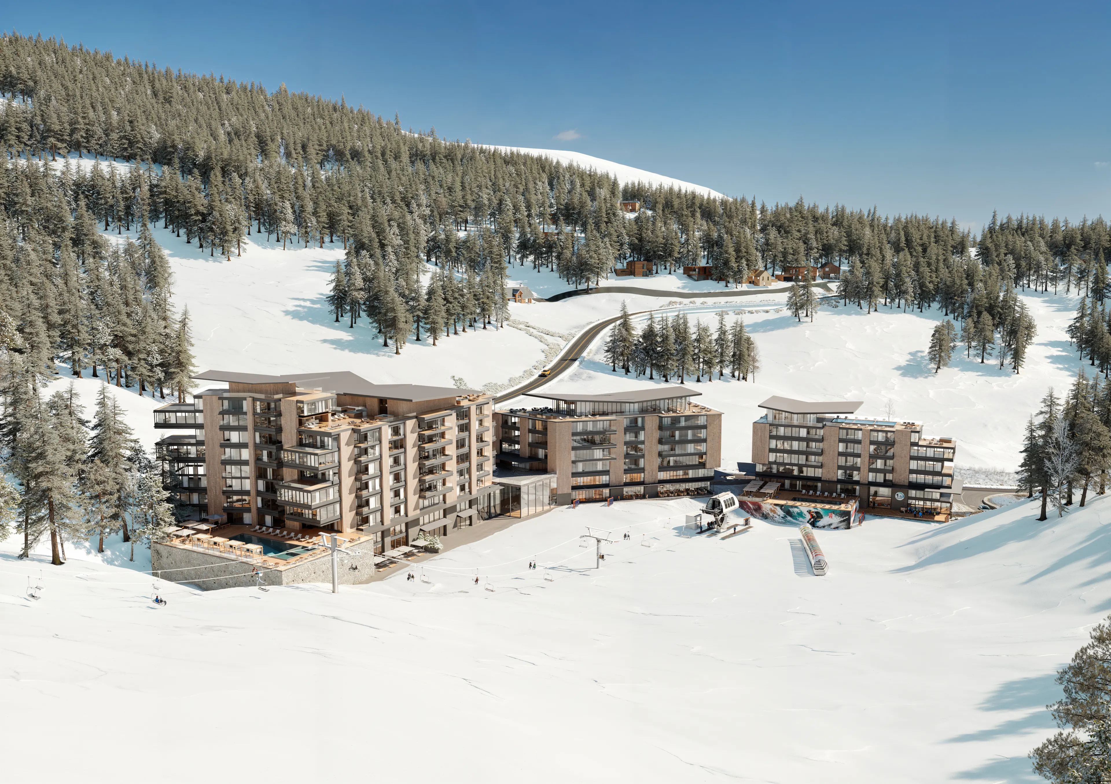 The ski beach, the three buildings at the foot of the lift
