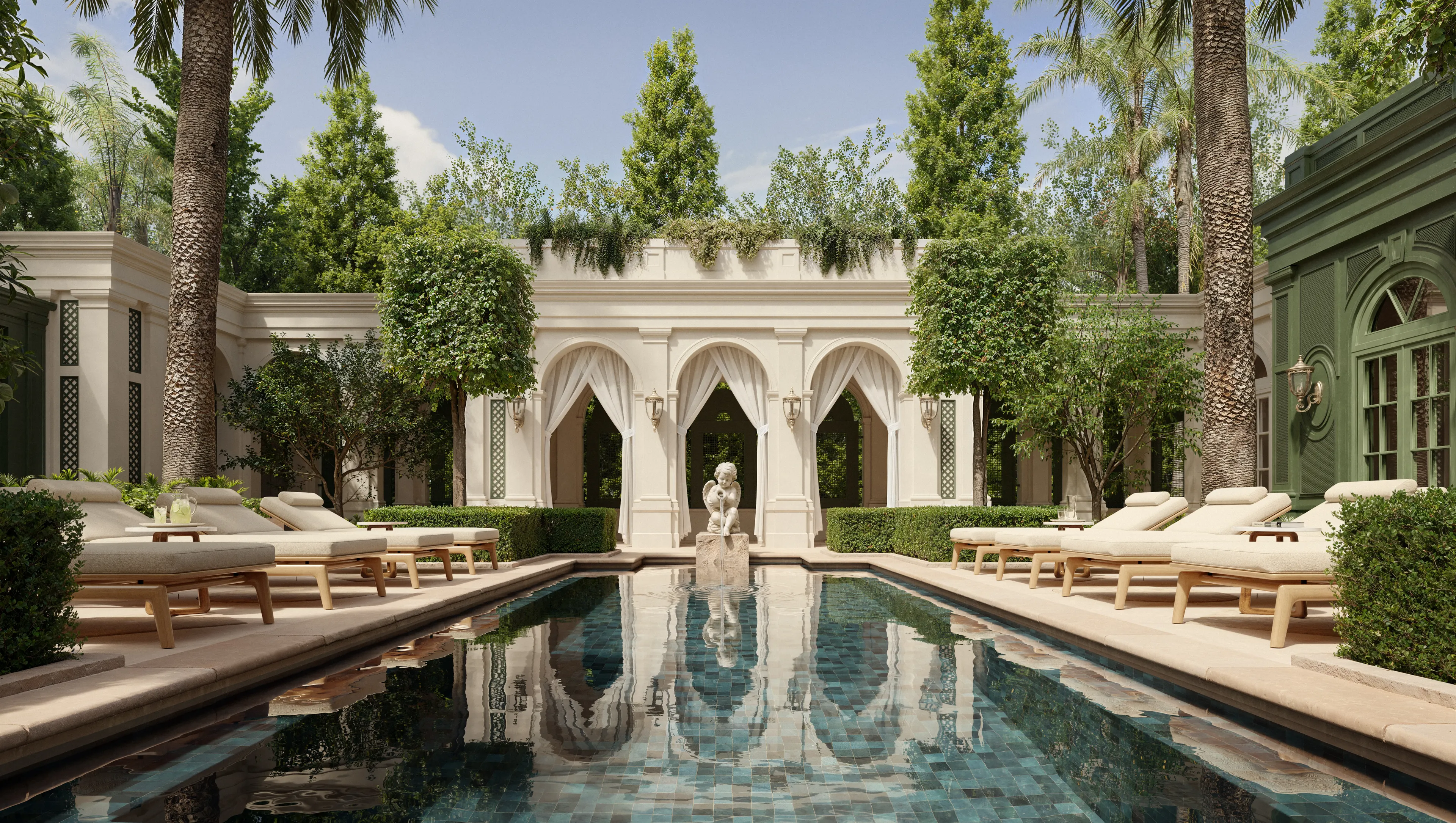 Colonnaded garden pool with fountain and palms
