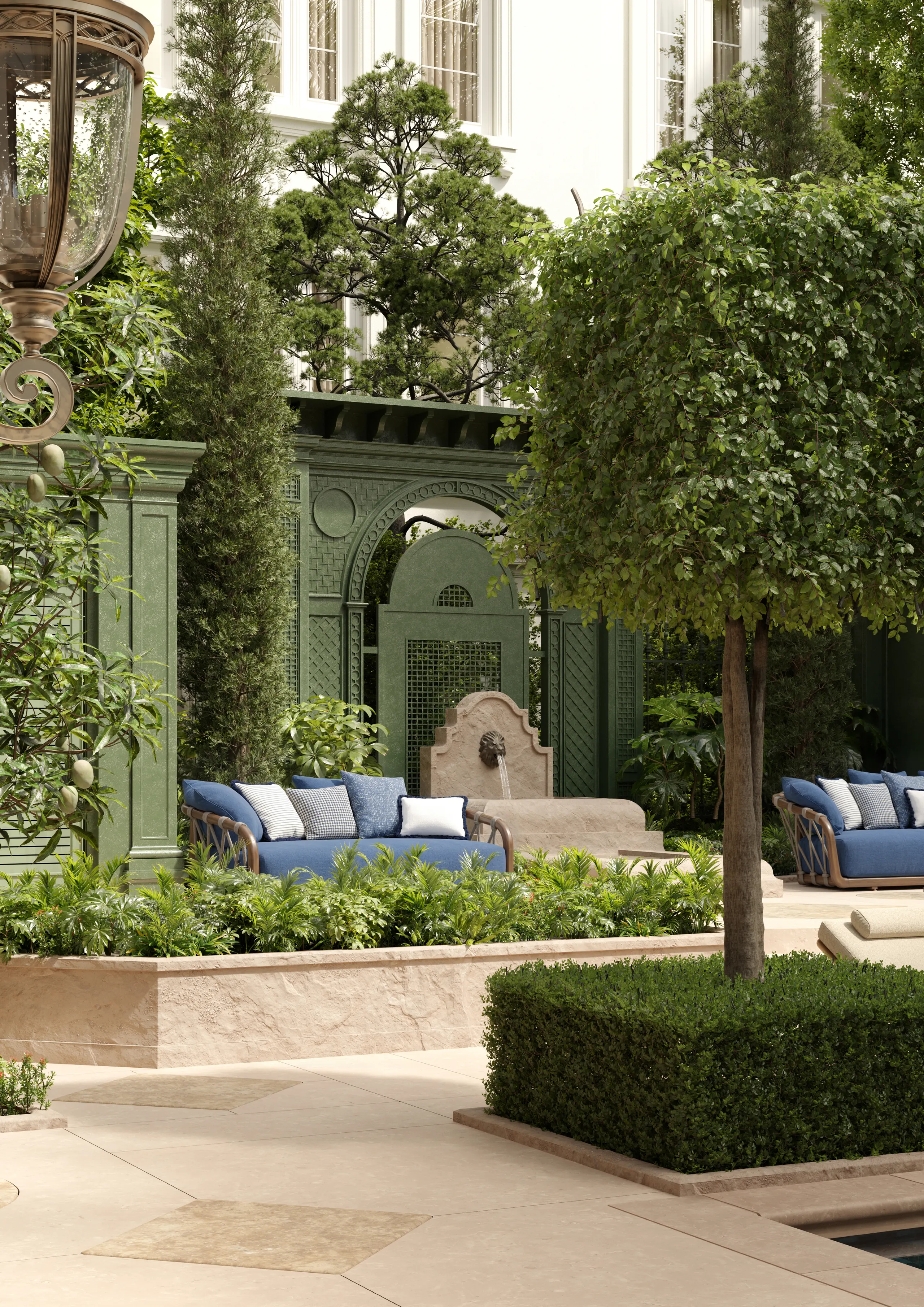 Garden court with green trellis walls and clipped trees