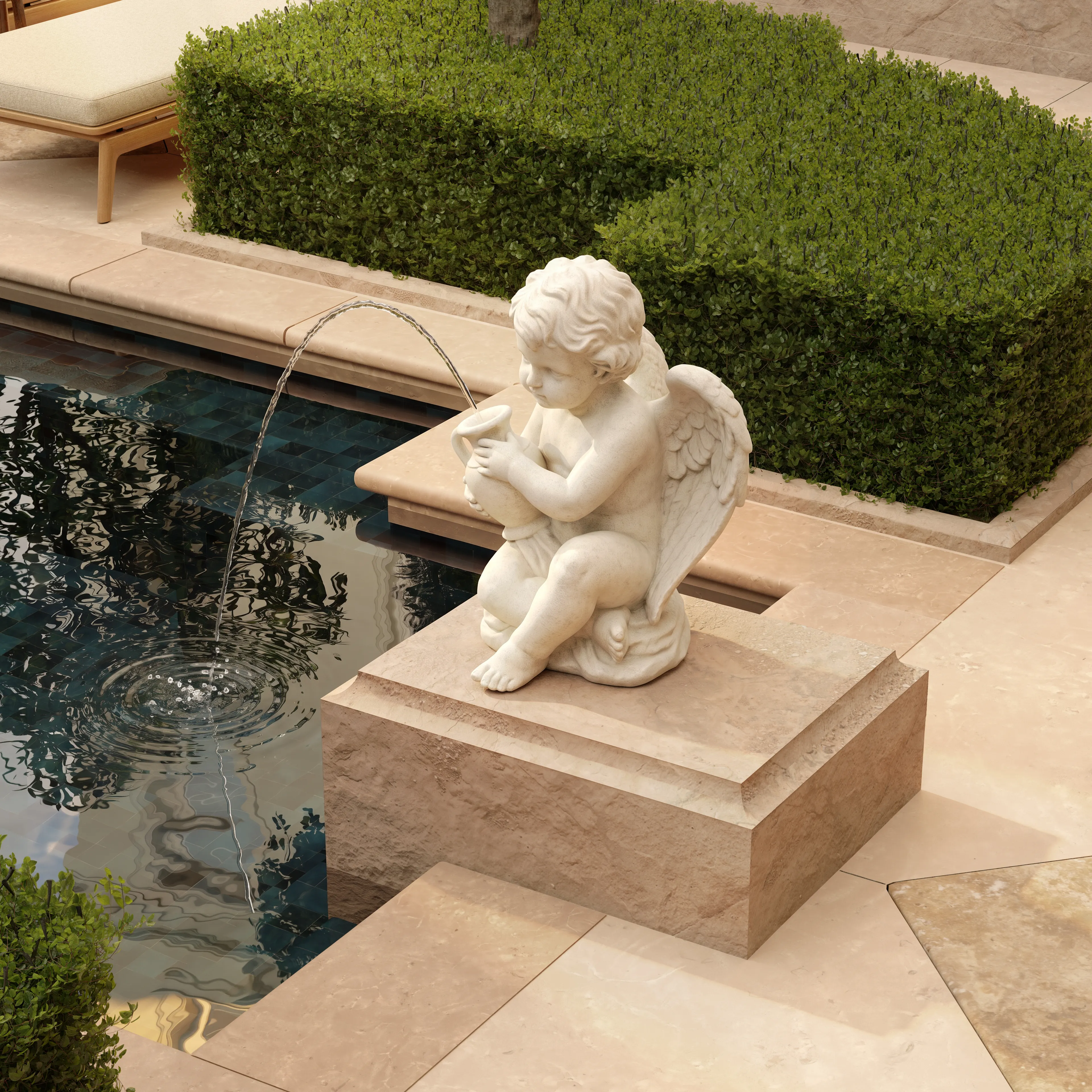 Cherub fountain at the pool edge