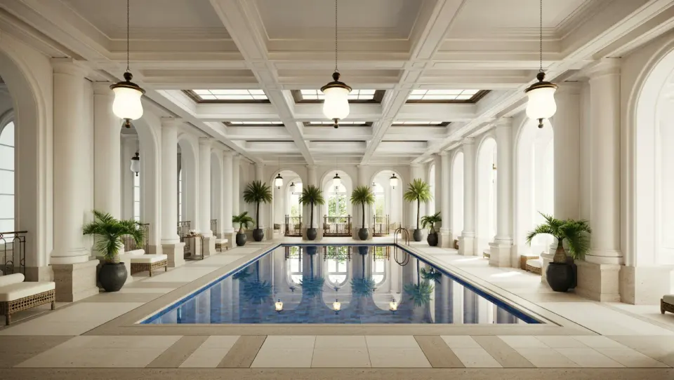 Moving through, the indoor pool