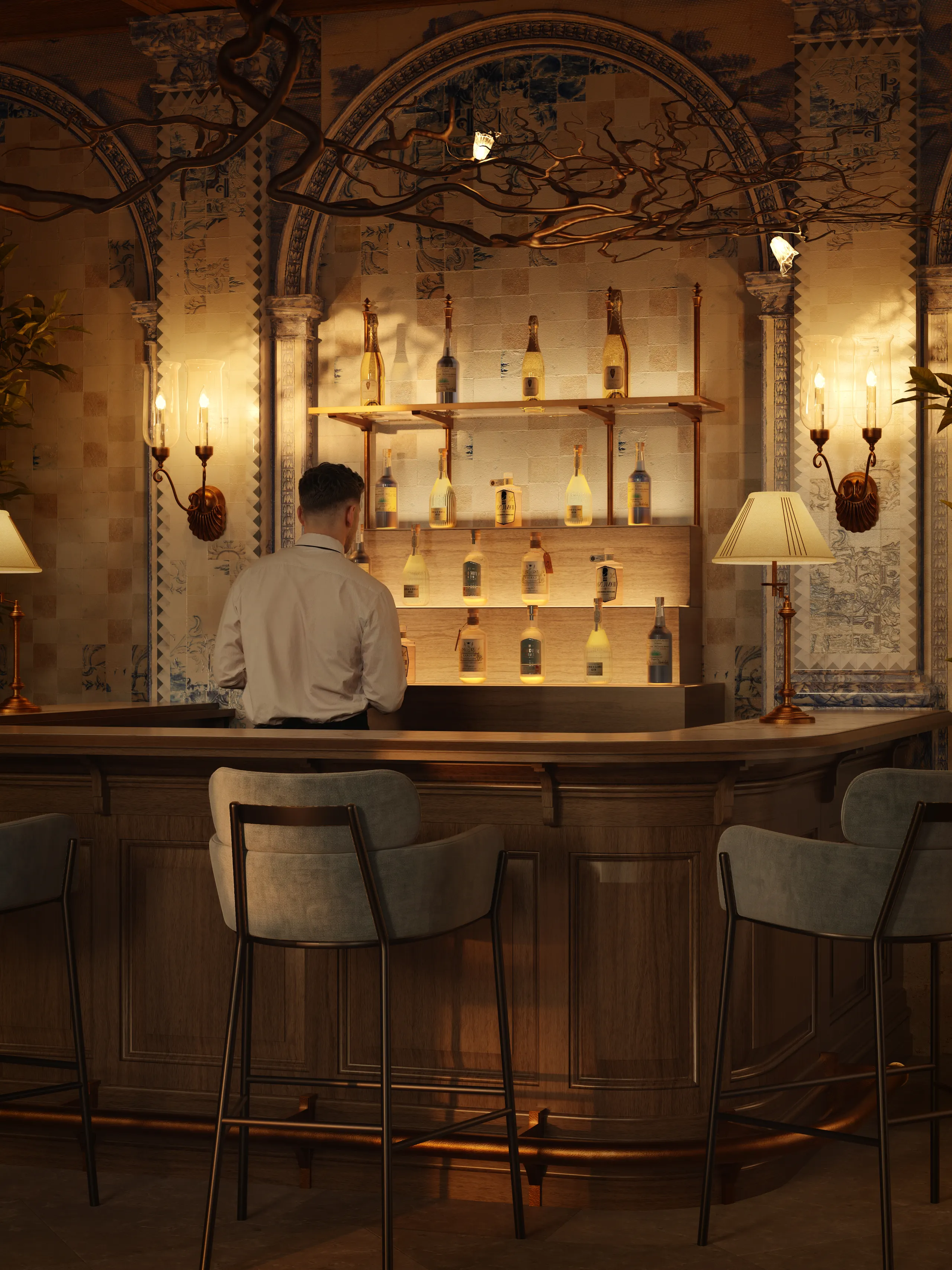 Bartender at the bar in evening light