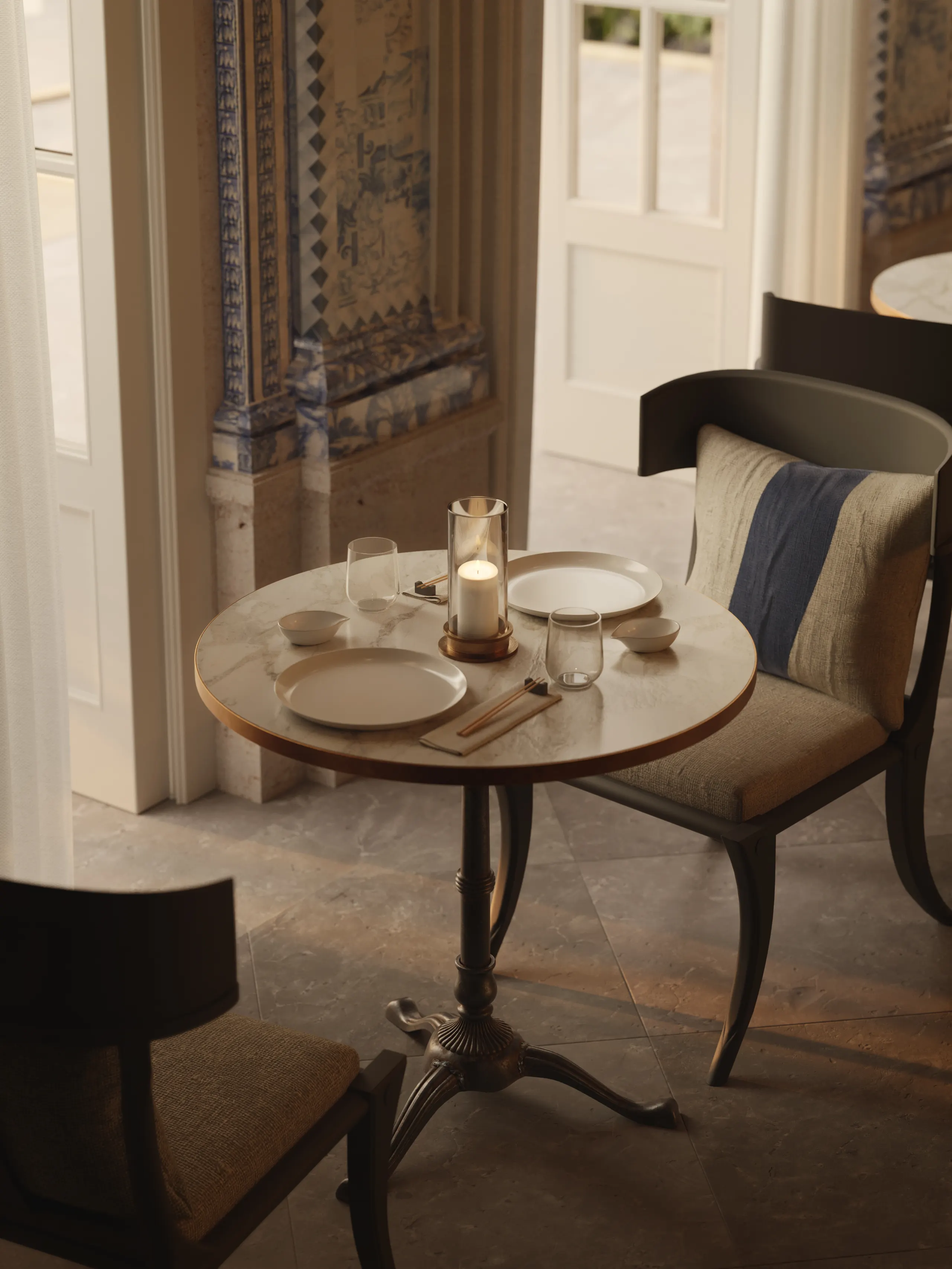 Table set by the window in the bar
