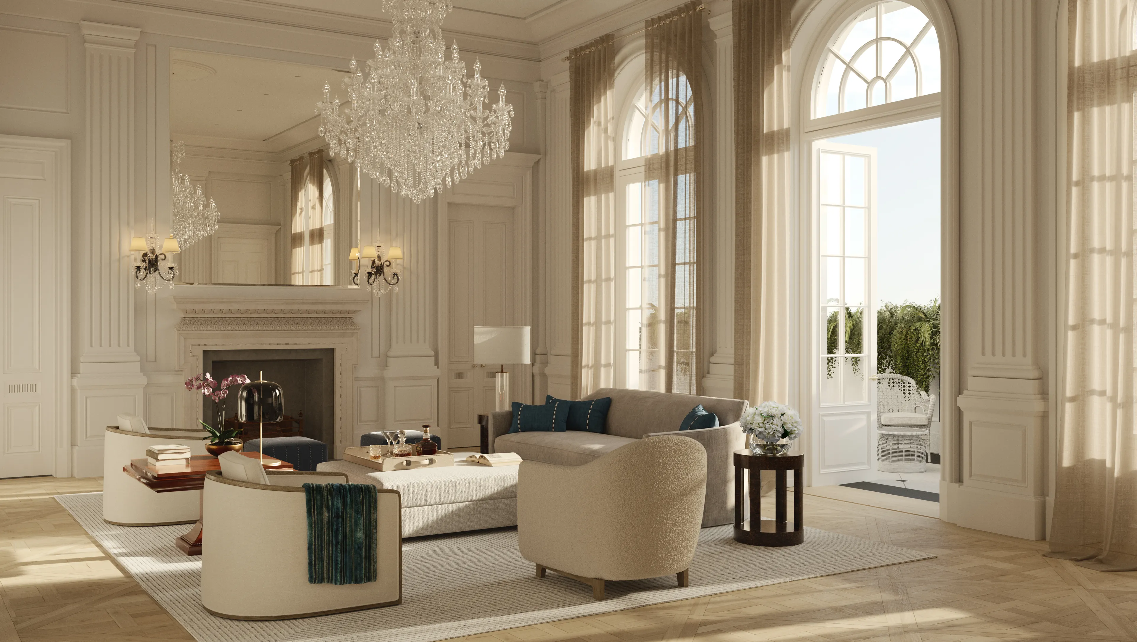 Residence living room with chandelier and arched windows