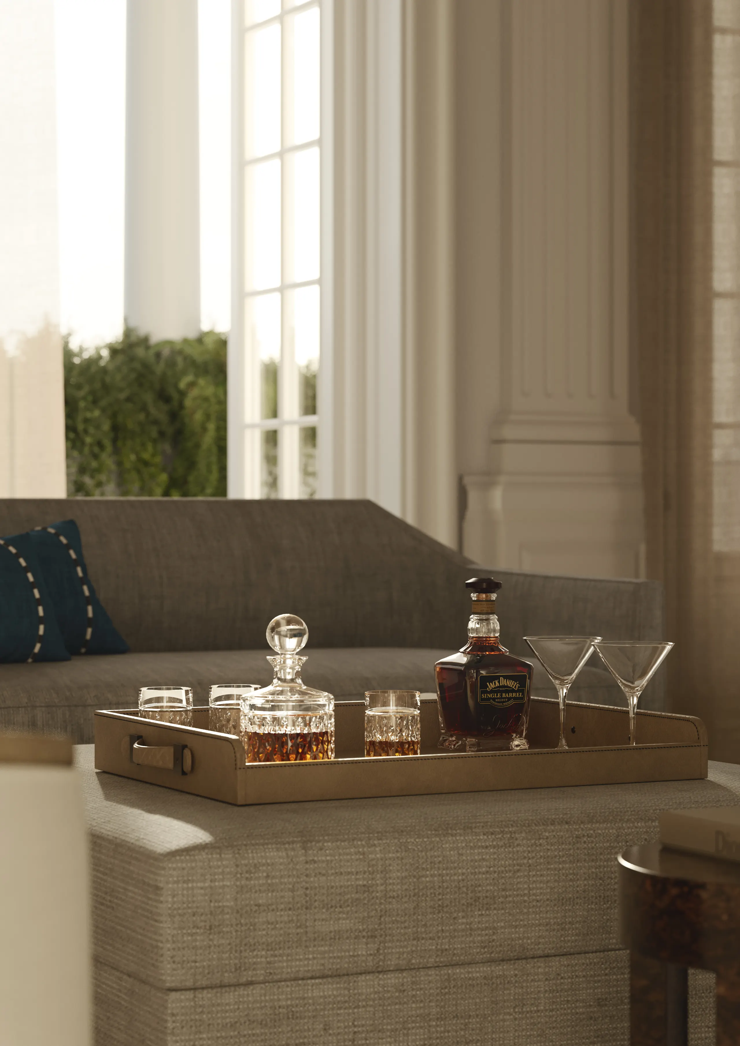 Tray with decanter and glasses