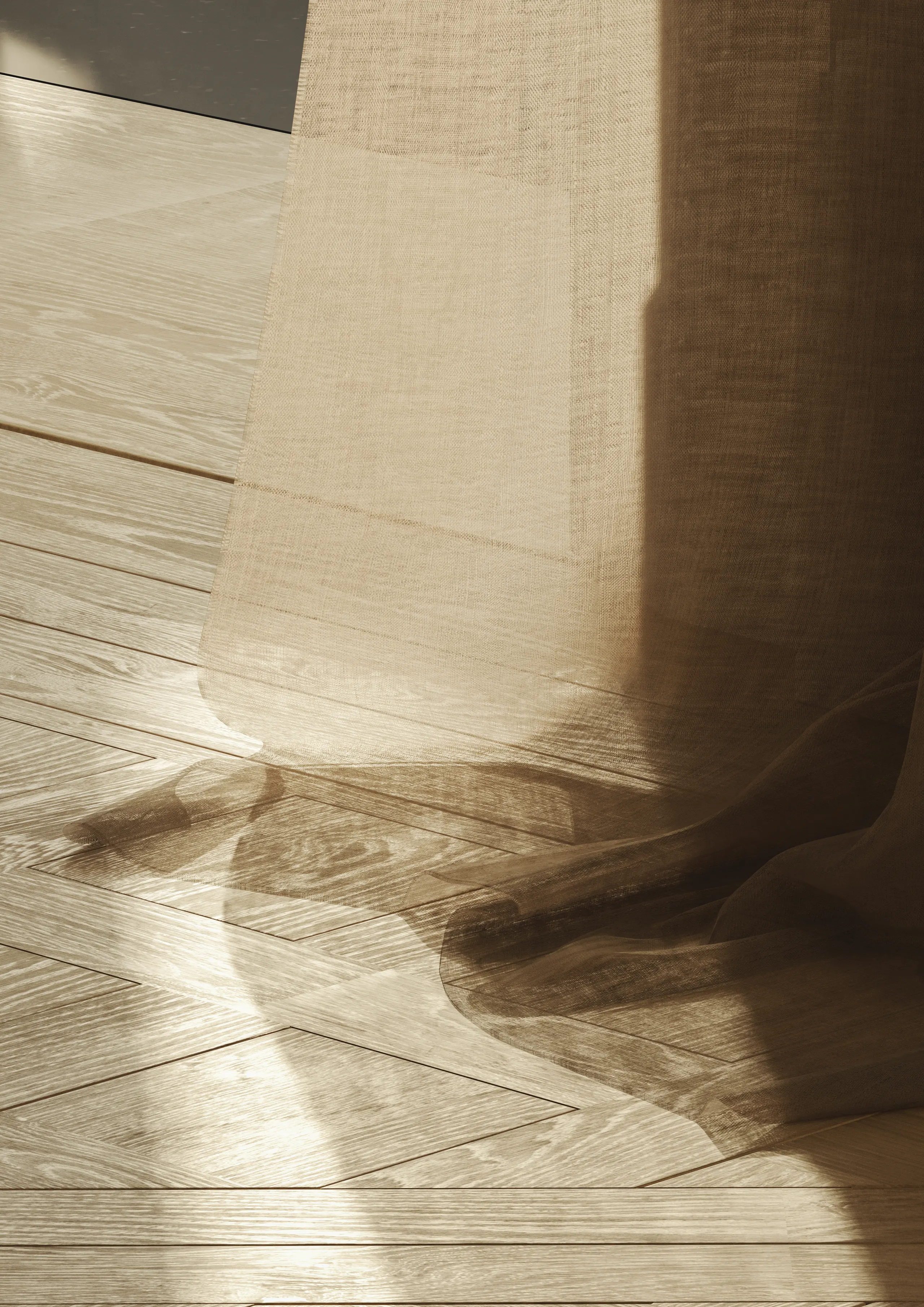 Linen curtain in sunlight on the parquet