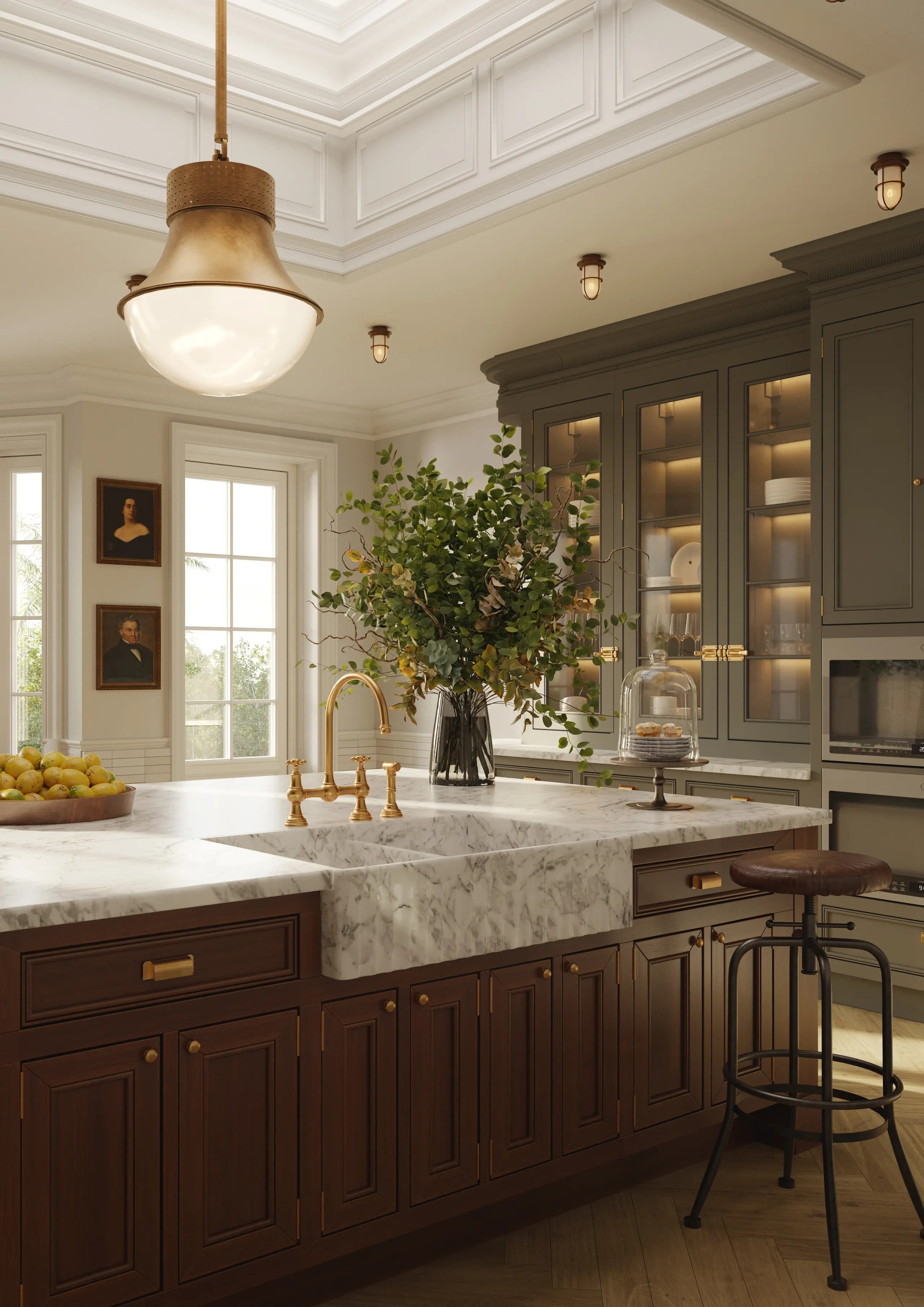 Kitchen with green cabinetry and marble sink
