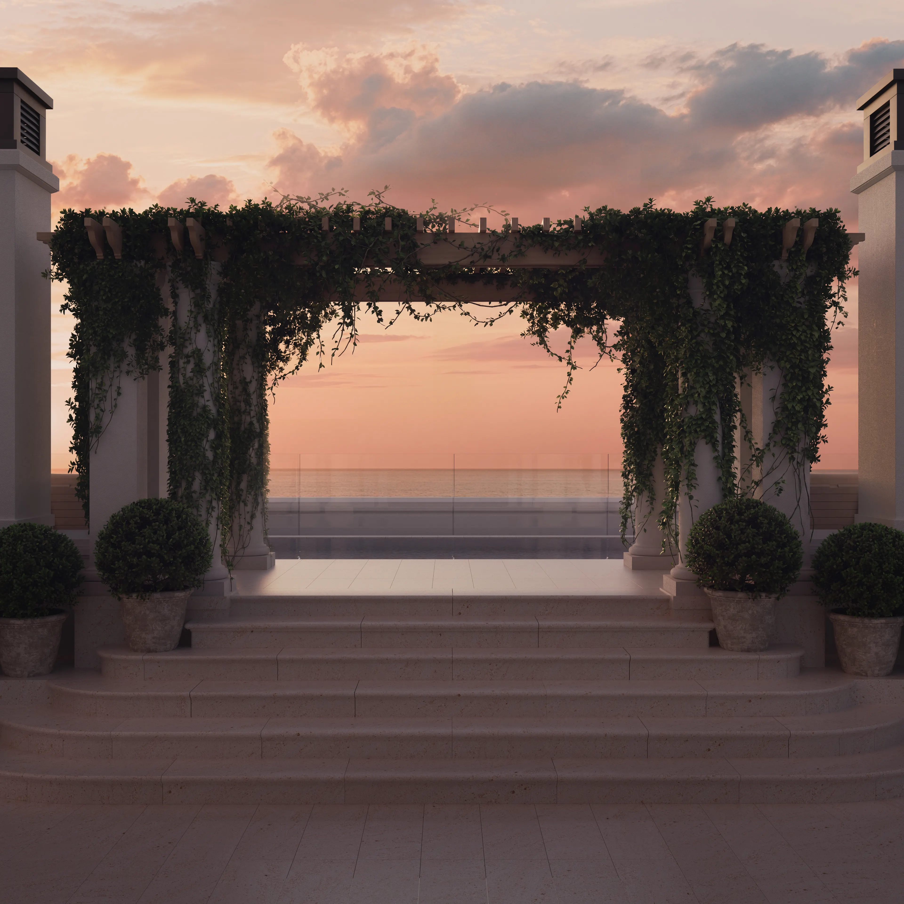 Terrace pool pergola at sunset